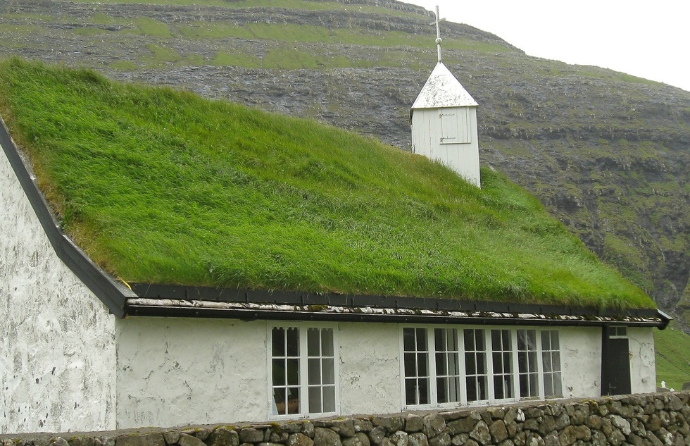 A grass-roofed church in the Faroe Islands